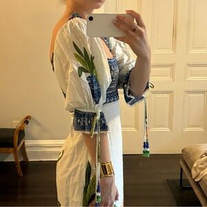 White and Blue Embroidered Dress with Green Leaf Accents floor length